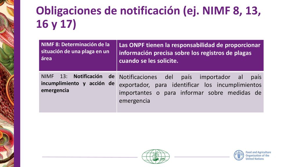 Obligaciones de notificación (ej. NIMF 8, 13, 16 y 17)