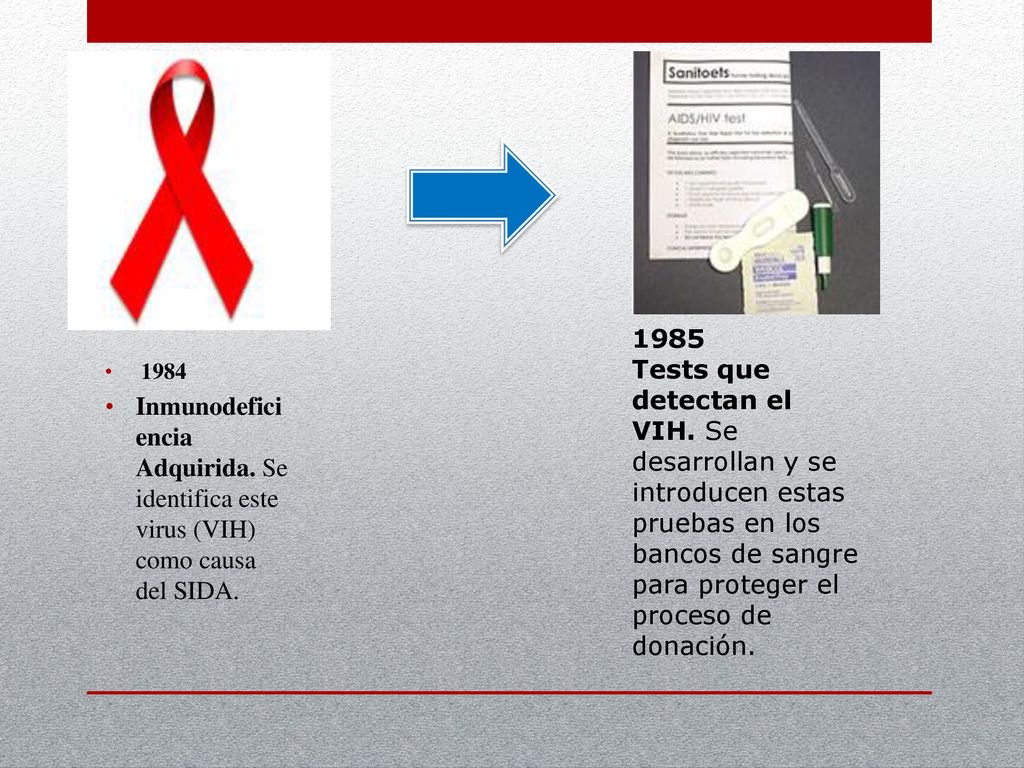 1985 Tests que detectan el VIH. Se desarrollan y se introducen estas pruebas en los bancos de sangre para proteger el proceso de donación.