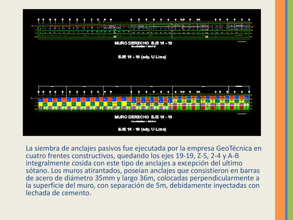 La siembra de anclajes pasivos fue ejecutada por la empresa GeoTécnica en cuatro frentes constructivos, quedando los ejes 19-19, Z-S, 2-4 y A-B integralmente cosida con este tipo de anclajes a excepción del ultimo sótano.