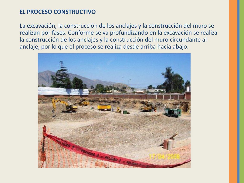EL PROCESO CONSTRUCTIVO La excavación, la construcción de los anclajes y la construcción del muro se realizan por fases.
