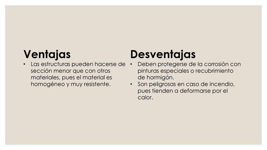 Ventajas Las estructuras pueden hacerse de sección menor que con otros materiales, pues el material es homogéneo y muy resistente.