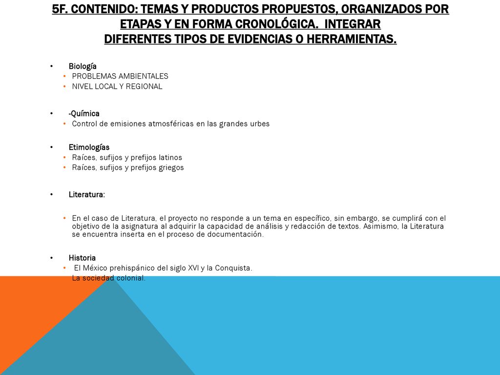 5f. Contenido: Temas y productos propuestos, organizados por etapas y en forma cronológica. Integrar diferentes tipos de evidencias o herramientas.