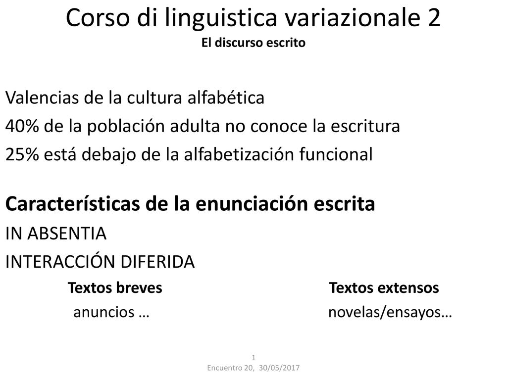 Corso di linguistica variazionale 2 El discurso escrito