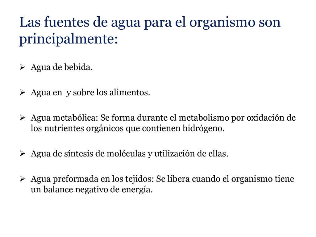 Las fuentes de agua para el organismo son principalmente: