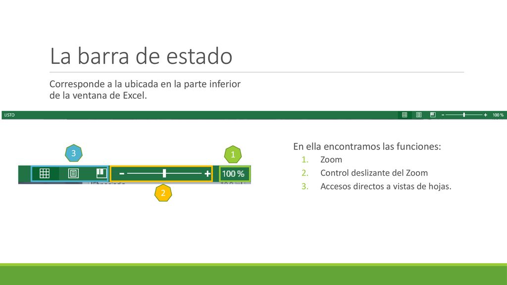 La barra de estado Corresponde a la ubicada en la parte inferior de la ventana de Excel. En ella encontramos las funciones: