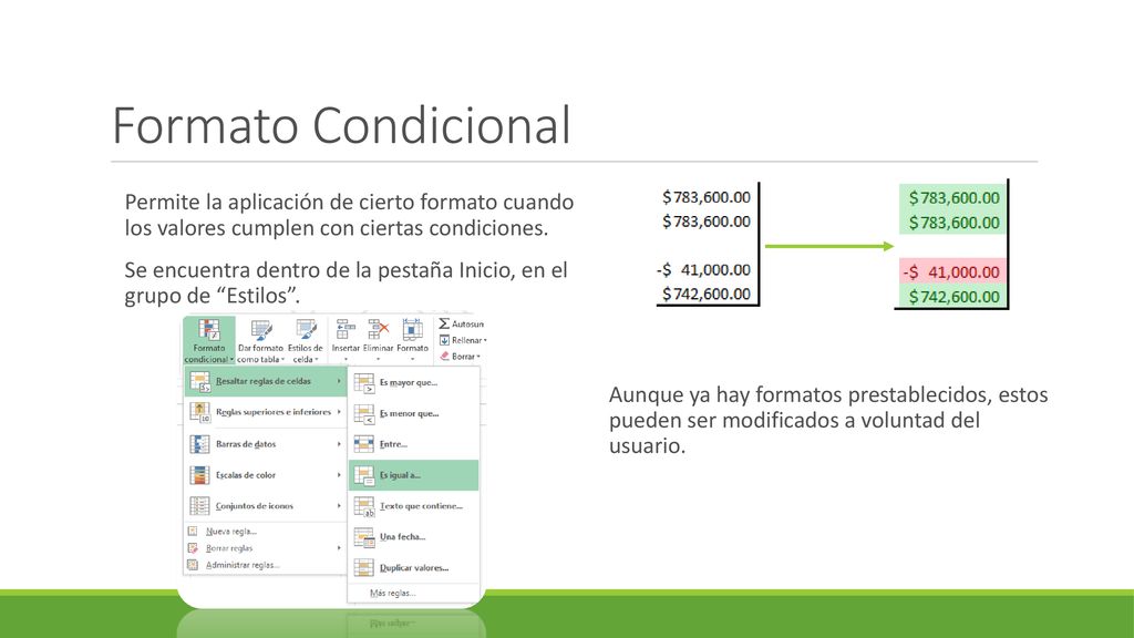 Formato Condicional Permite la aplicación de cierto formato cuando los valores cumplen con ciertas condiciones.