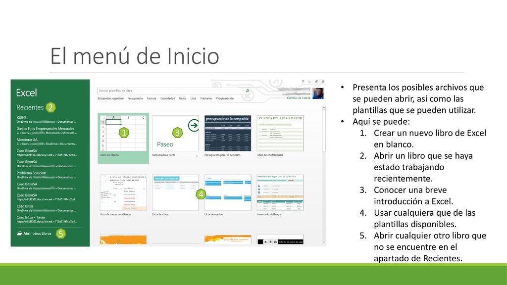 El menú de Inicio Presenta los posibles archivos que se pueden abrir, así como las plantillas que se pueden utilizar.