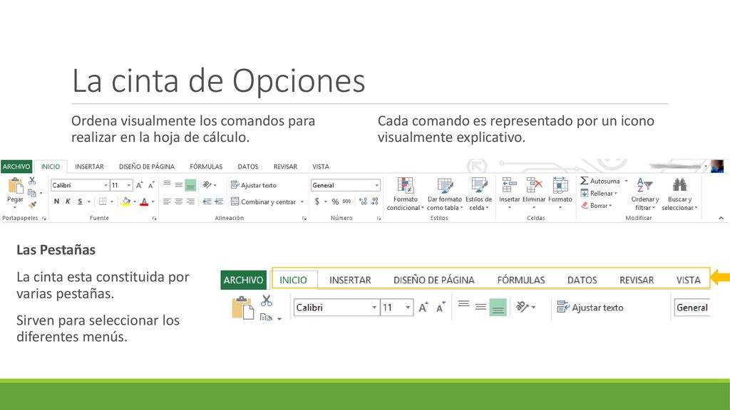 La cinta de Opciones Ordena visualmente los comandos para realizar en la hoja de cálculo.
