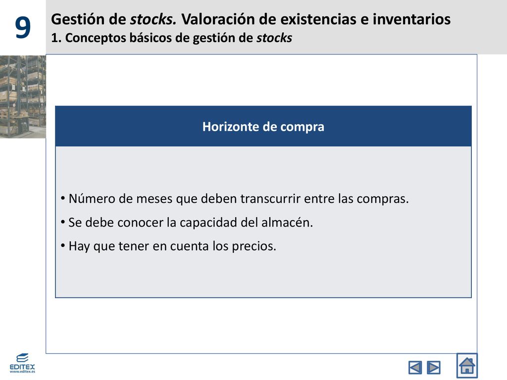 9 Gestión de stocks. Valoración de existencias e inventarios 1. Conceptos básicos de gestión de stocks.