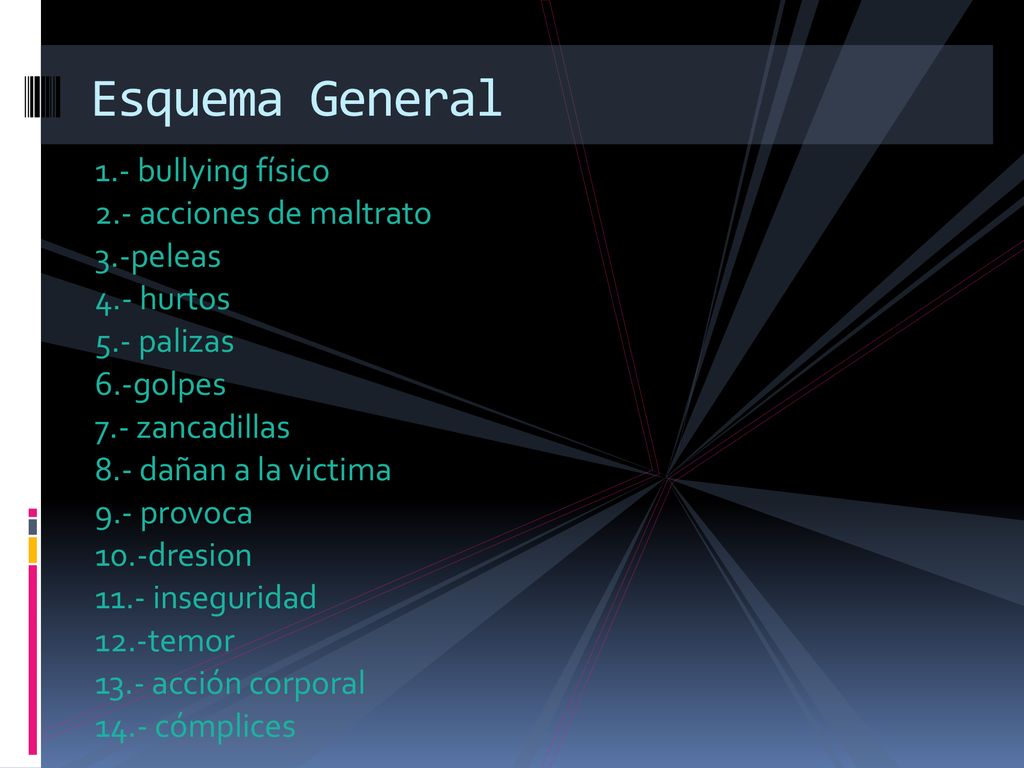 Esquema General 1.- bullying físico 2.- acciones de maltrato 3.-peleas