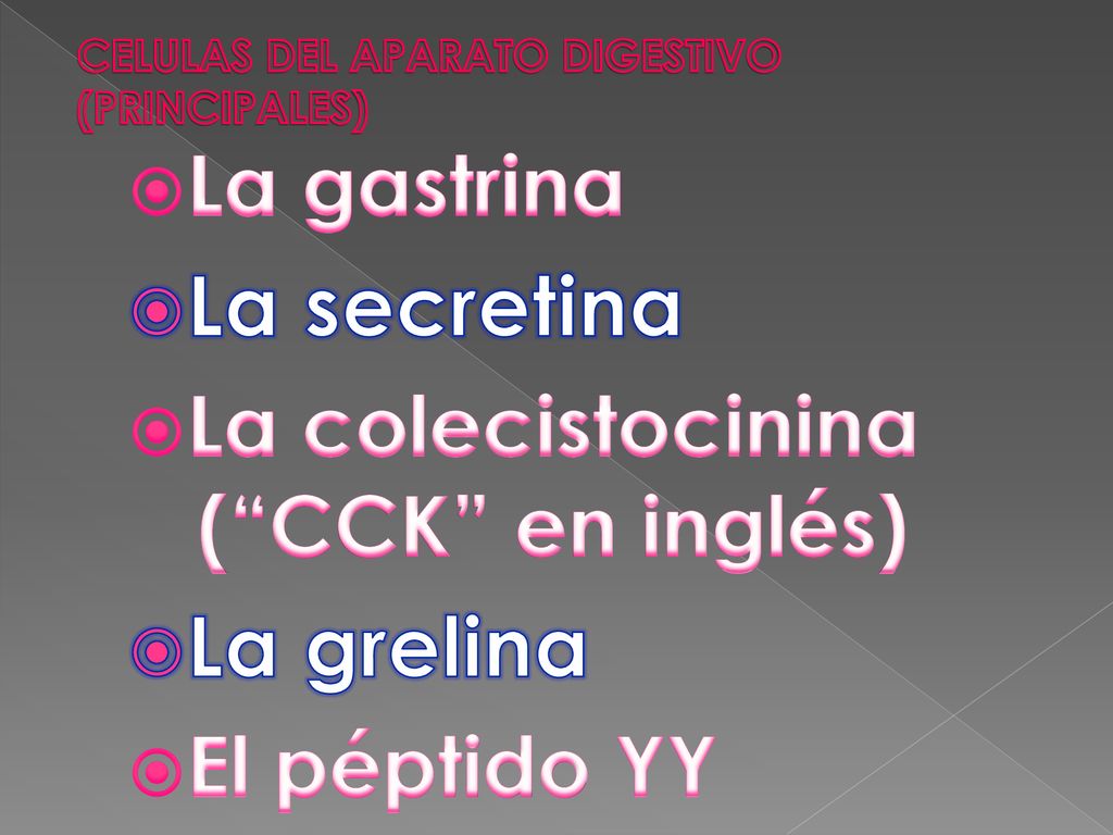 La colecistocinina ( CCK en inglés) La grelina El péptido YY