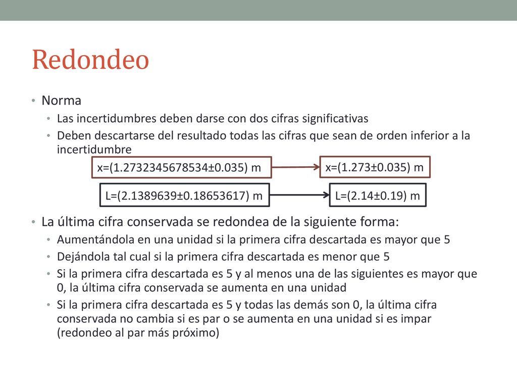 Redondeo Norma. Las incertidumbres deben darse con dos cifras significativas.