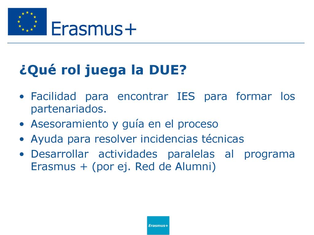 ¿Qué rol juega la DUE Facilidad para encontrar IES para formar los partenariados. Asesoramiento y guía en el proceso.