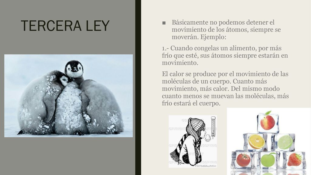 TERCERA LEY Básicamente no podemos detener el movimiento de los átomos, siempre se moverán. Ejemplo: