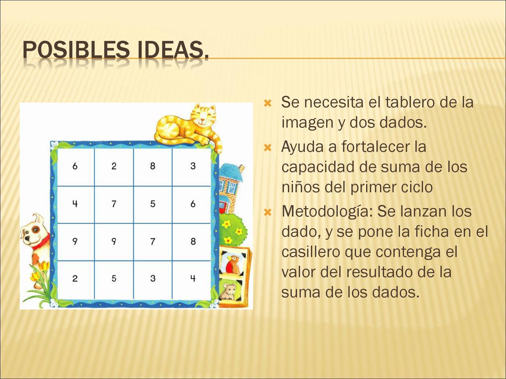 PoSIBLES IDEAS. Se necesita el tablero de la imagen y dos dados.