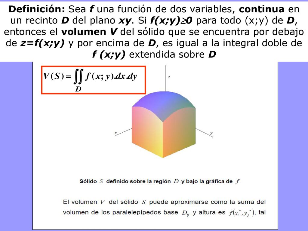 Definición: Sea f una función de dos variables, continua en un recinto D del plano xy. Si f(x;y)0 para todo (x;y) de D, entonces el volumen V del sólido que se encuentra por debajo de z=f(x;y) y por encima de D, es igual a la integral doble de f (x;y) extendida sobre D