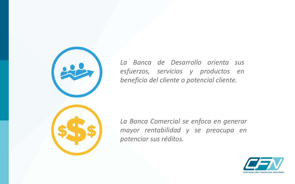 La Banca de Desarrollo orienta sus esfuerzos, servicios y productos en beneficio del cliente o potencial cliente.