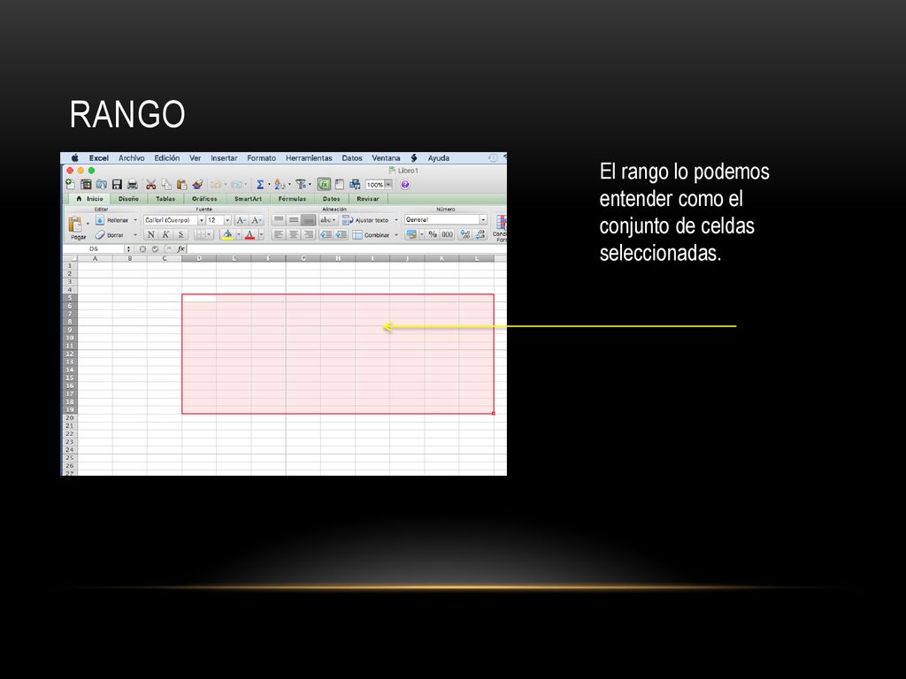 Rango El rango lo podemos entender como el conjunto de celdas seleccionadas.