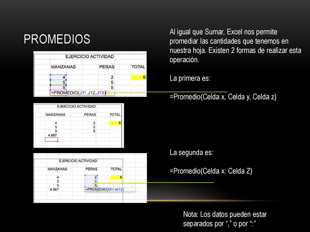 PROMEDIOS Al igual que Sumar, Excel nos permite promediar las cantidades que tenemos en nuestra hoja. Existen 2 formas de realizar esta operación.