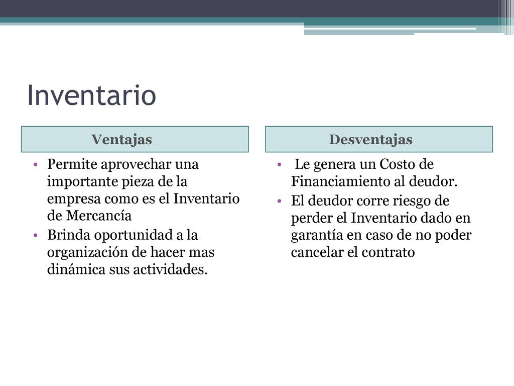 Inventario Ventajas. Desventajas. Permite aprovechar una importante pieza de la empresa como es el Inventario de Mercancía.
