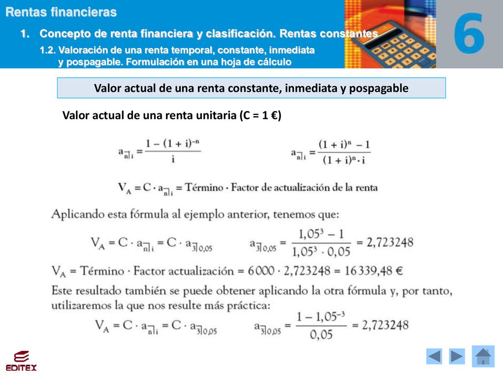Valor actual de una renta constante, inmediata y pospagable