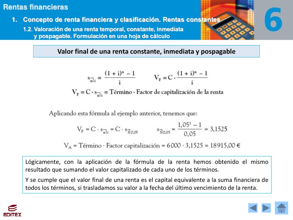 Valor final de una renta constante, inmediata y pospagable