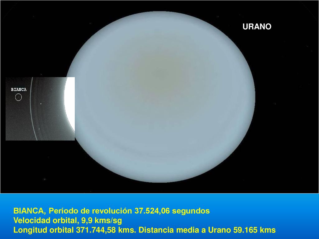 URANO BIANCA, Período de revolución ,06 segundos. Velocidad orbital, 9,9 kms/sg.