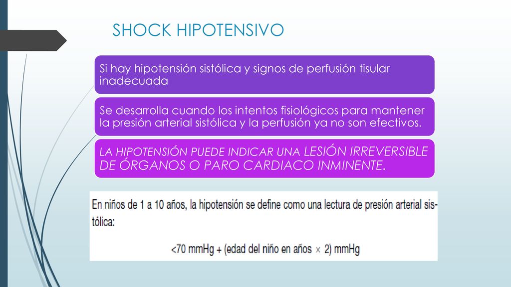 SHOCK HIPOTENSIVO Si hay hipotensión sistólica y signos de perfusión tisular inadecuada.