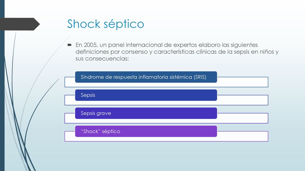 Shock séptico Síndrome de respuesta inflamatoria sistémica (SRIS) Sepsis. Sepsis grave. Shock séptico.