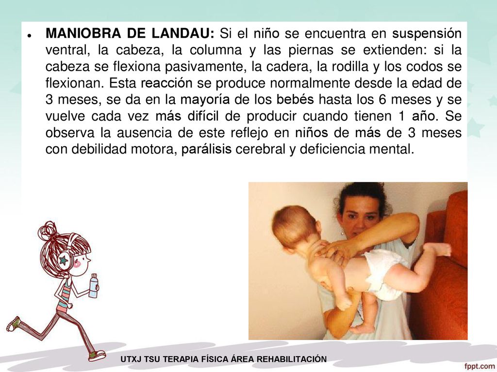 MANIOBRA DE LANDAU: Si el niño se encuentra en suspensión ventral, la cabeza, la columna y las piernas se extienden: si la cabeza se flexiona pasivamente, la cadera, la rodilla y los codos se flexionan. Esta reacción se produce normalmente desde la edad de 3 meses, se da en la mayoría de los bebés hasta los 6 meses y se vuelve cada vez más difícil de producir cuando tienen 1 año. Se observa la ausencia de este reflejo en niños de más de 3 meses con debilidad motora, parálisis cerebral y deficiencia mental.