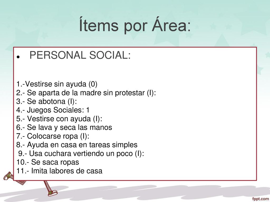 Ítems por Área: PERSONAL SOCIAL: 1.-Vestirse sin ayuda (0)
