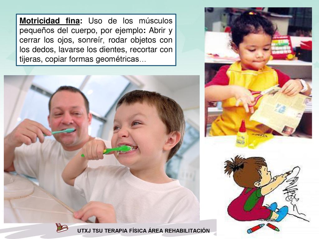 Motricidad fina: Uso de los músculos pequeños del cuerpo, por ejemplo: Abrir y cerrar los ojos, sonreír, rodar objetos con los dedos, lavarse los dientes, recortar con tijeras, copiar formas geométricas…