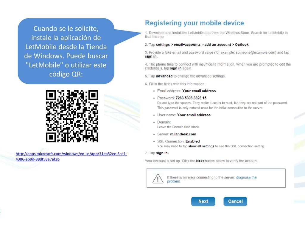 Cuando se le solicite, instale la aplicación de LetMobile desde la Tienda de Windows. Puede buscar LetMobile o utilizar este código QR:
