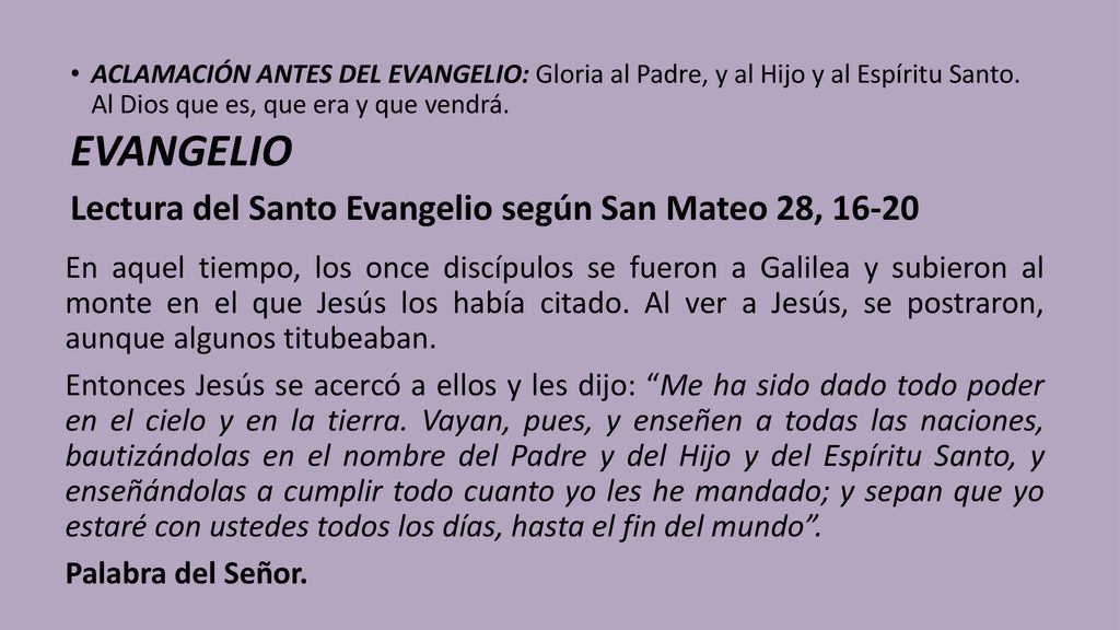 EVANGELIO Lectura del Santo Evangelio según San Mateo 28, 16-20