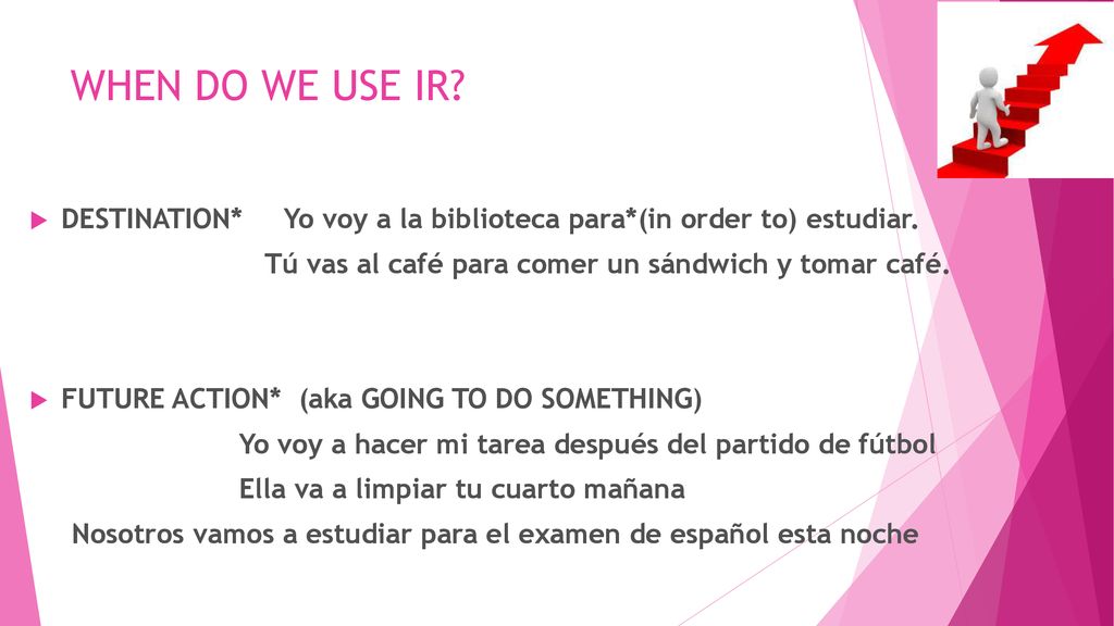 WHEN DO WE USE IR DESTINATION* Yo voy a la biblioteca para*(in order to) estudiar. Tú vas al café para comer un sándwich y tomar café.