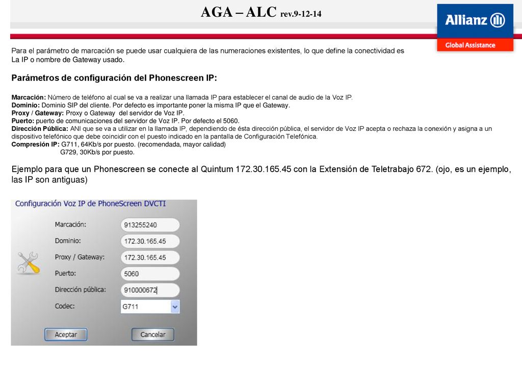 AGA – ALC rev Parámetros de configuración del Phonescreen IP:
