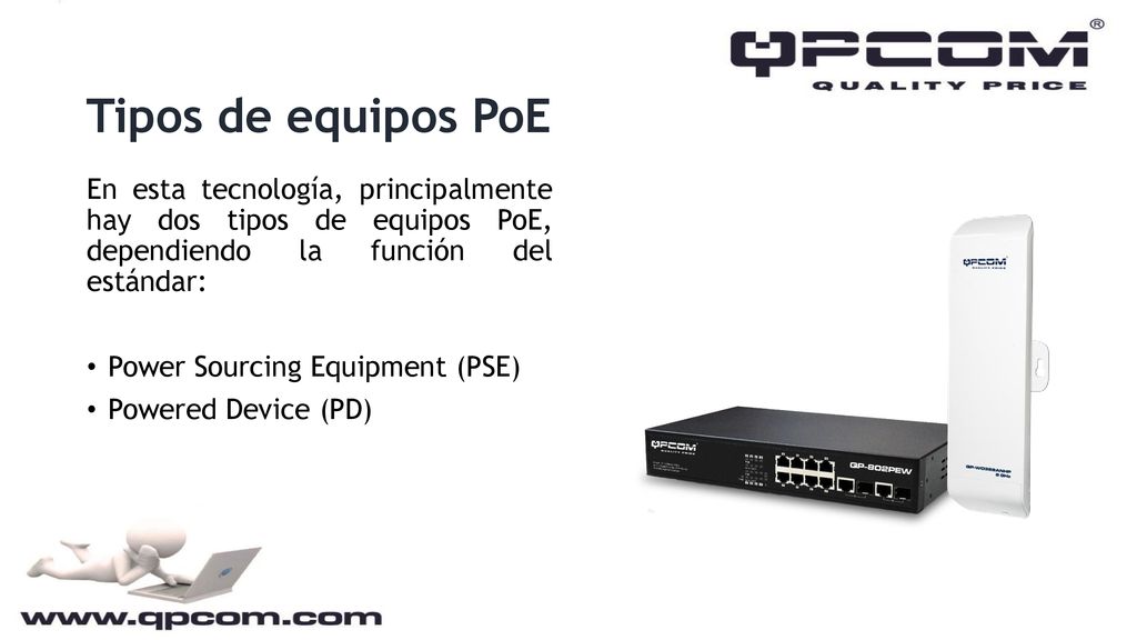 Tipos de equipos PoE En esta tecnología, principalmente hay dos tipos de equipos PoE, dependiendo la función del estándar: