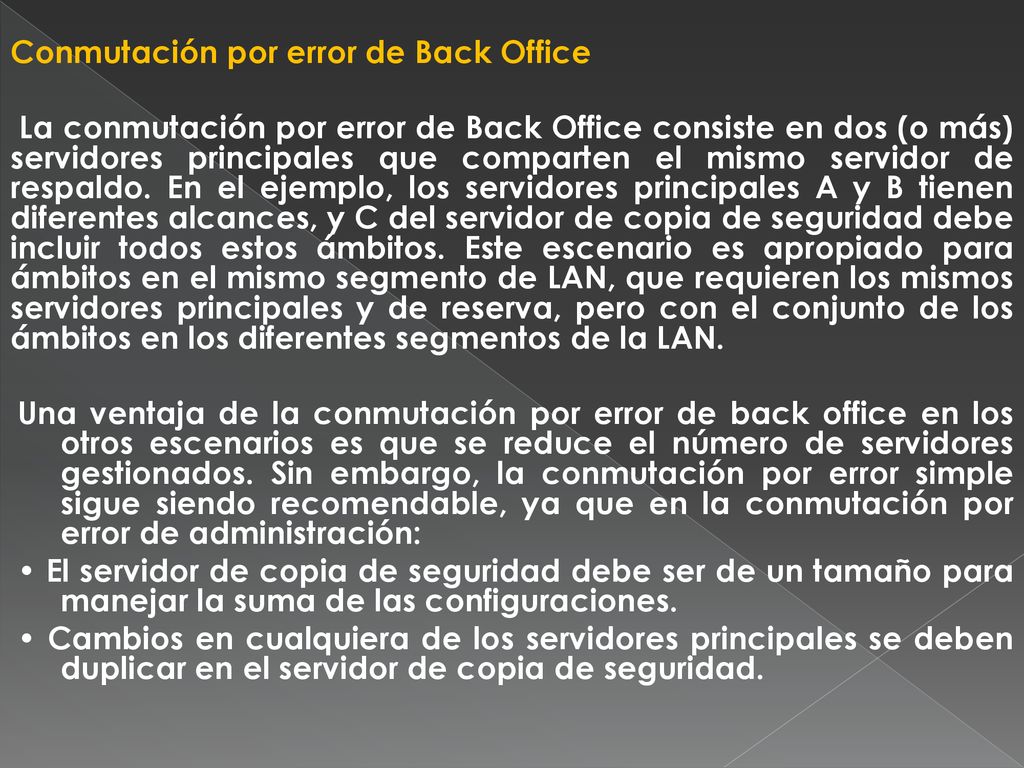 Conmutación por error de Back Office La conmutación por error de Back Office consiste en dos (o más) servidores principales que comparten el mismo servidor de respaldo.