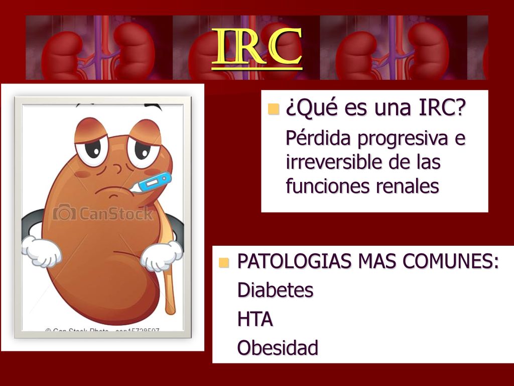 IRC ¿Qué es una IRC Pérdida progresiva e irreversible de las funciones renales. PATOLOGIAS MAS COMUNES:
