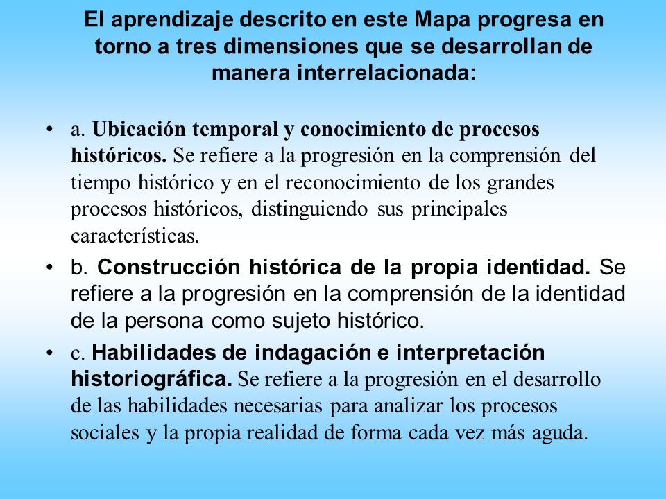 El aprendizaje descrito en este Mapa progresa en torno a tres dimensiones que se desarrollan de manera interrelacionada: