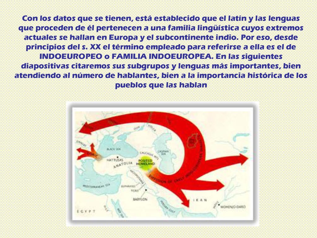Con los datos que se tienen, está establecido que el latín y las lenguas que proceden de él pertenecen a una familia lingüística cuyos extremos actuales se hallan en Europa y el subcontinente indio.