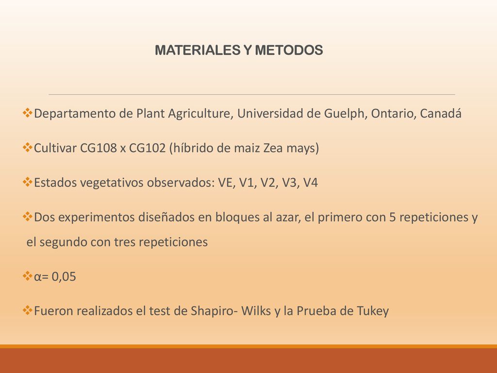 MATERIALES Y METODOS Departamento de Plant Agriculture, Universidad de Guelph, Ontario, Canadá. Cultivar CG108 x CG102 (híbrido de maiz Zea mays)