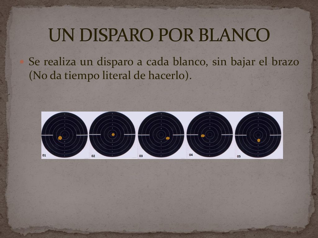 UN DISPARO POR BLANCO Se realiza un disparo a cada blanco, sin bajar el brazo (No da tiempo literal de hacerlo).