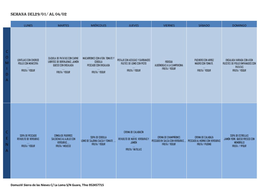 CENA Semana del29/01/ AL 04/02 COMIDA LUNES MARTES MIÉRCOLES JUEVES