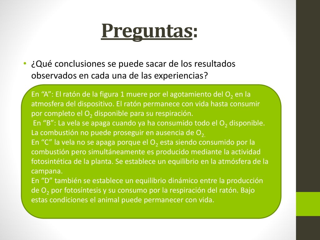 Preguntas: ¿Qué conclusiones se puede sacar de los resultados observados en cada una de las experiencias