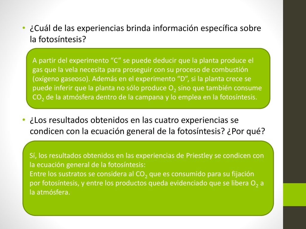¿Cuál de las experiencias brinda información específica sobre la fotosíntesis