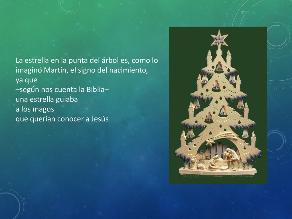 La estrella en la punta del árbol es, como lo imaginó Martín, el signo del nacimiento, ya que –según nos cuenta la Biblia– una estrella guiaba a los magos que querían conocer a Jesús