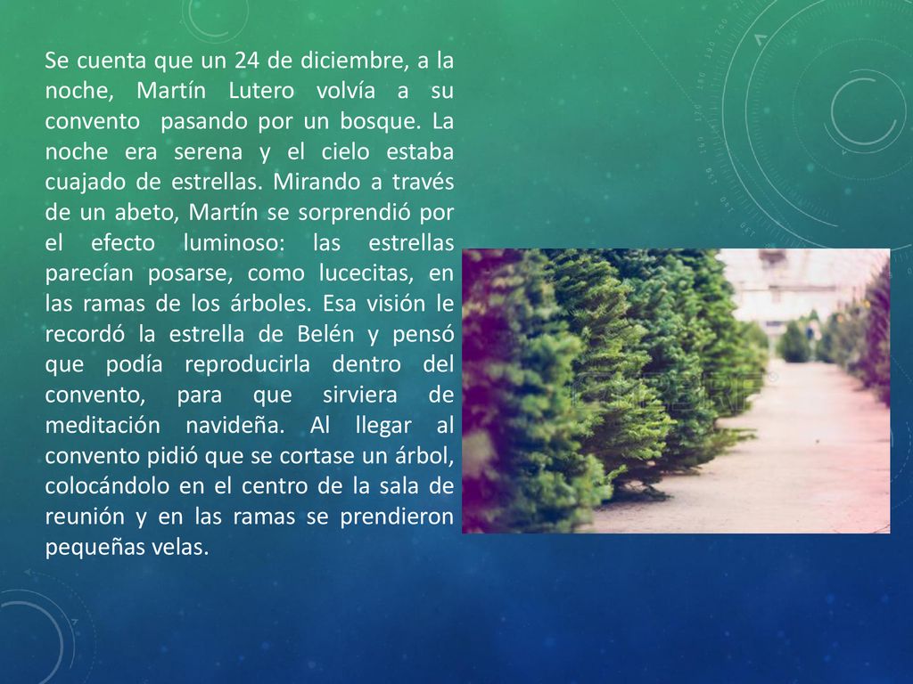 Se cuenta que un 24 de diciembre, a la noche, Martín Lutero volvía a su convento pasando por un bosque.