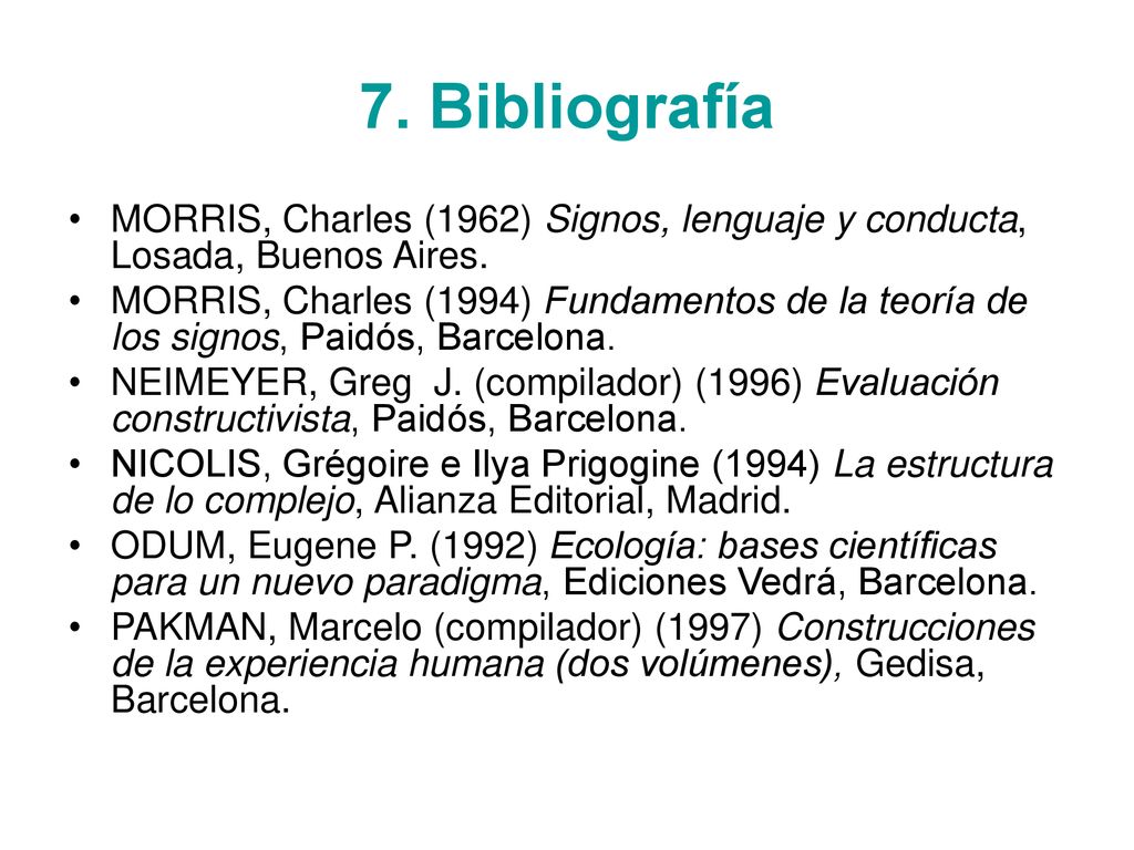 7. Bibliografía MORRIS, Charles (1962) Signos, lenguaje y conducta, Losada, Buenos Aires.