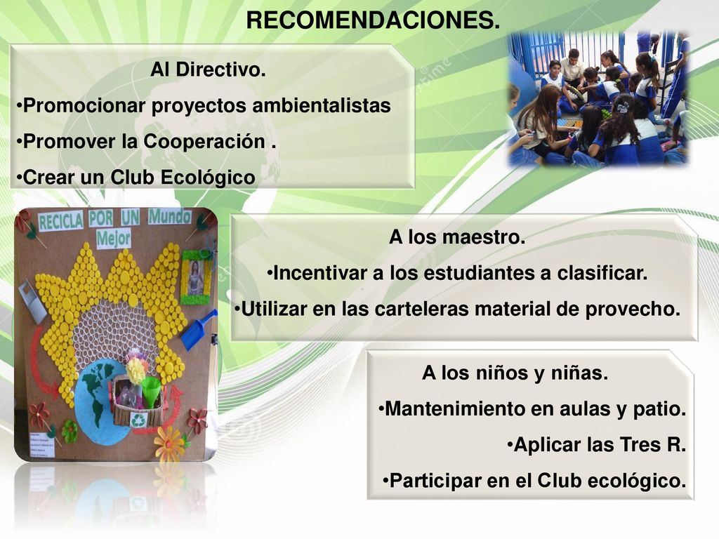 RECOMENDACIONES. Al Directivo. Promocionar proyectos ambientalistas